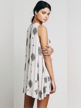 Free People Sleeveless Ivory Swing Dress with Boho Print